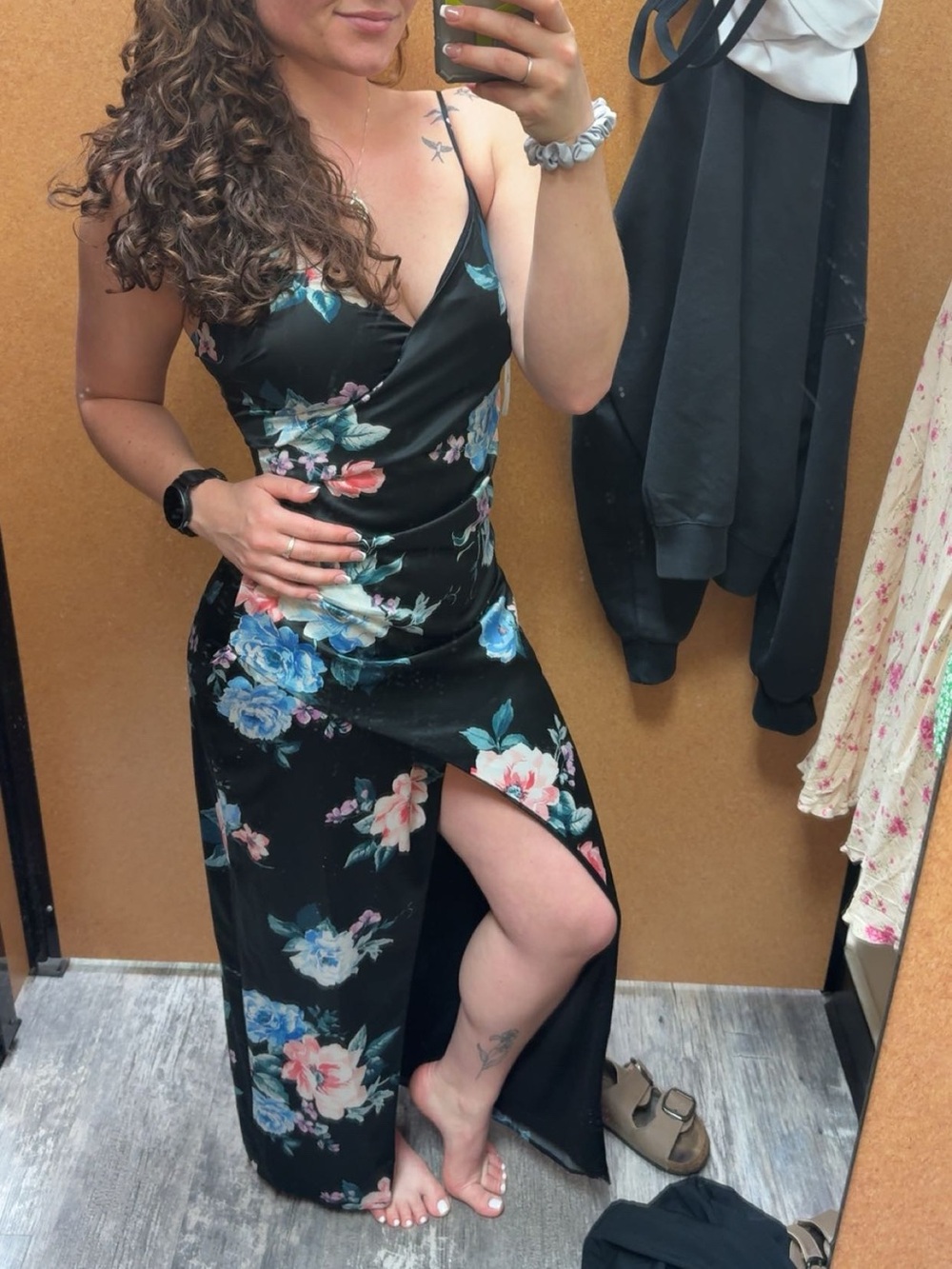Lulu's Black Floral Cowl Maxi Dress with Pink & Blue Blooms